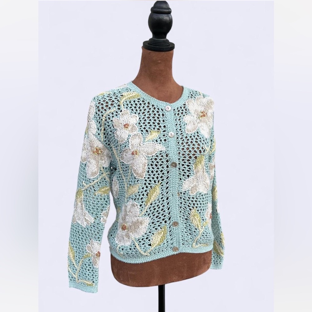 Vintage Boho Cottagecore Light Blue Floral Crochet Cardigan by David Brooks